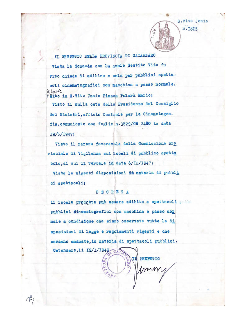 1949-03-19 Abilitazione del cinema in Piazza Mario Polerà