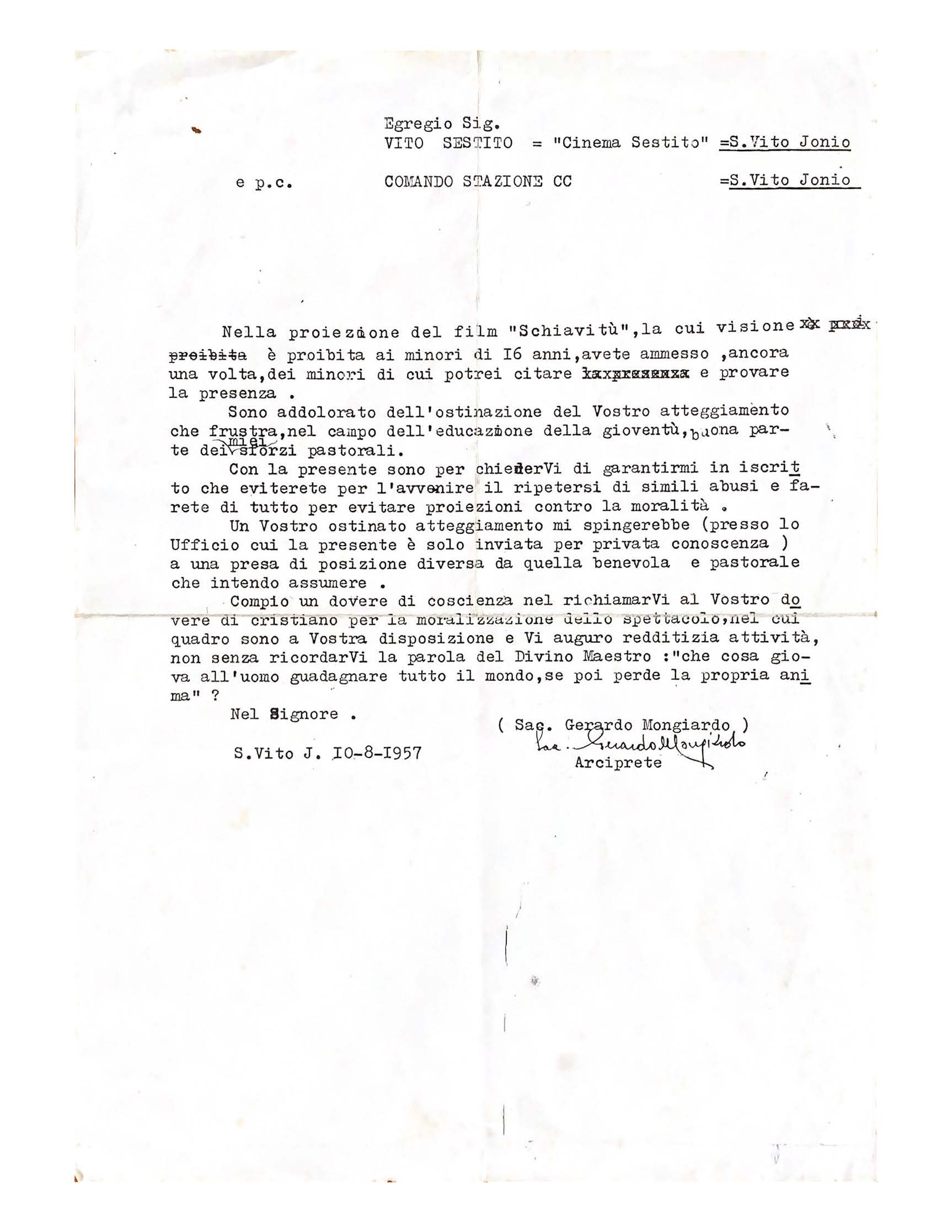 1957-08-10 Lettera del Sacerdote Gerardo Mongiardo