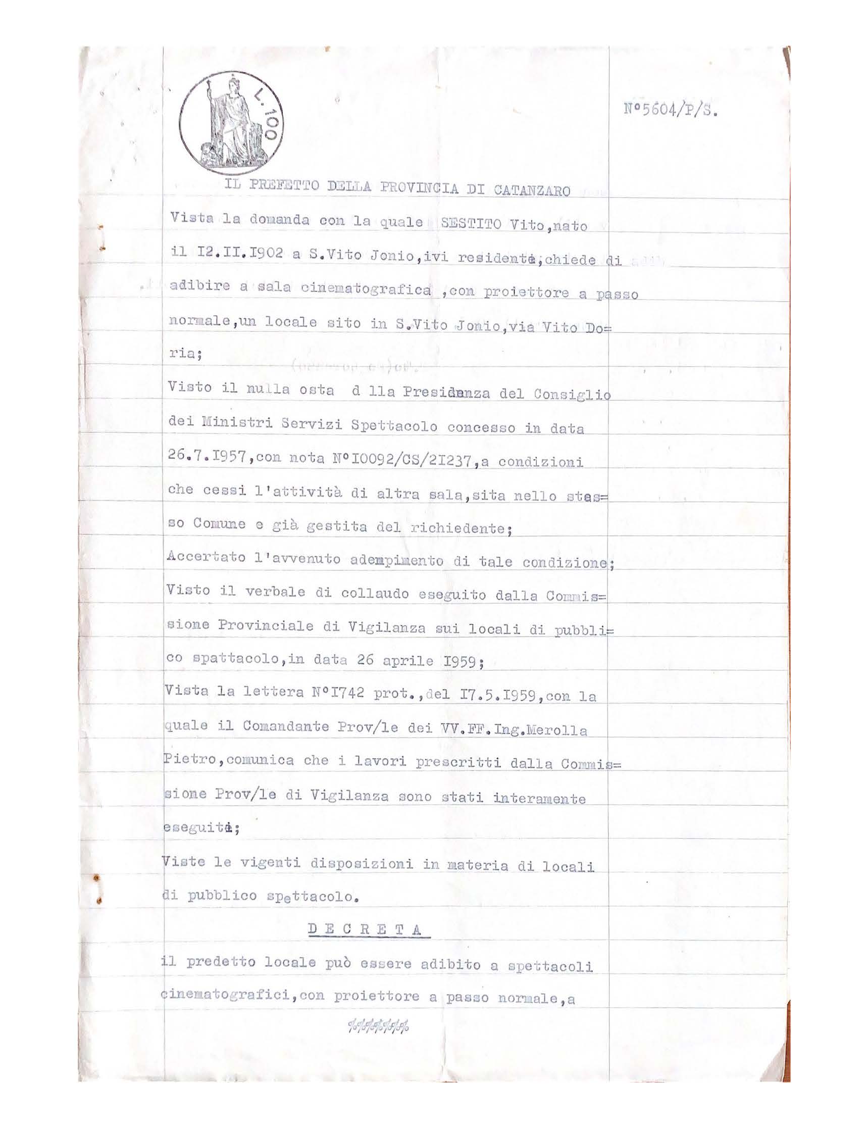 1959-06-30 Abilitazione sala cinema Via Comm Doria 1